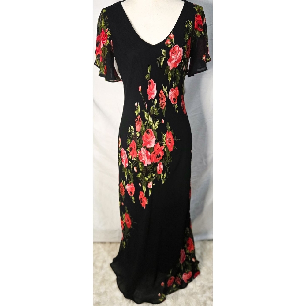 Vintage 90s Floral Midi Dress Black Red Roses Flutter Sleeve V Neck Dressbarn